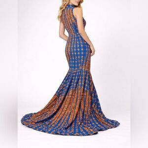 Elegant Blue and Orange Evening Gown - African Print  Dress